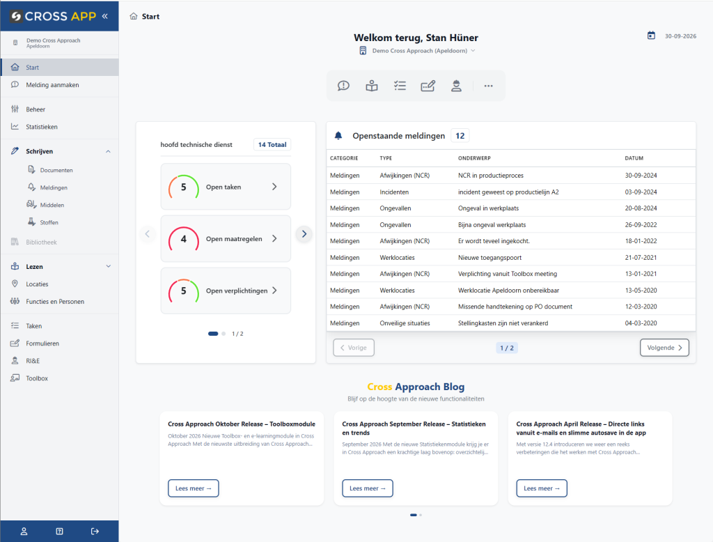 Cross Approach dashboard en zij menu